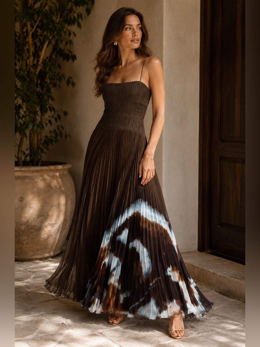 AMUR Sue Pleated Gown Brown Abstract Print Maxi Dress Size 10